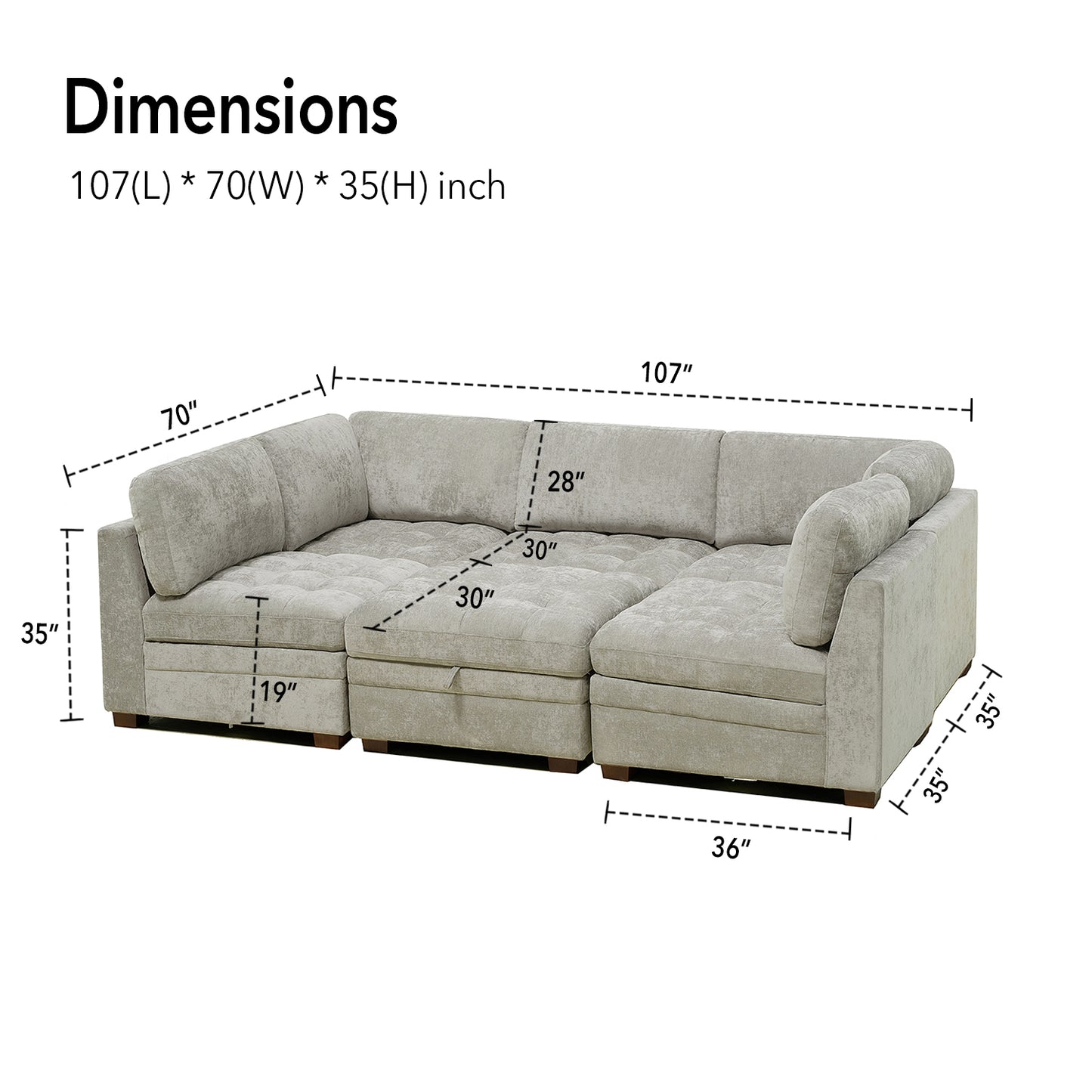 Sectional Modular 6 Piece Couch Light Gray