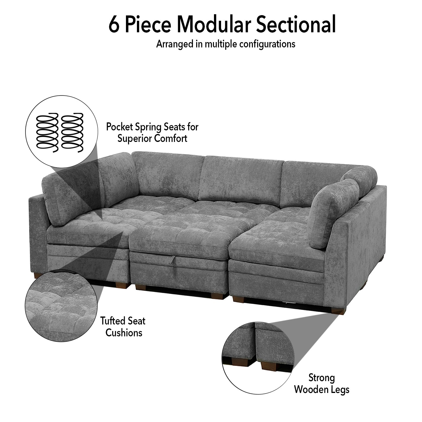 Sectional Modular 6 Piece Couch Dark Gray